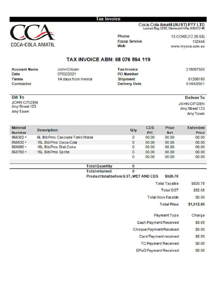 USA Coca Cola invoice PSD template